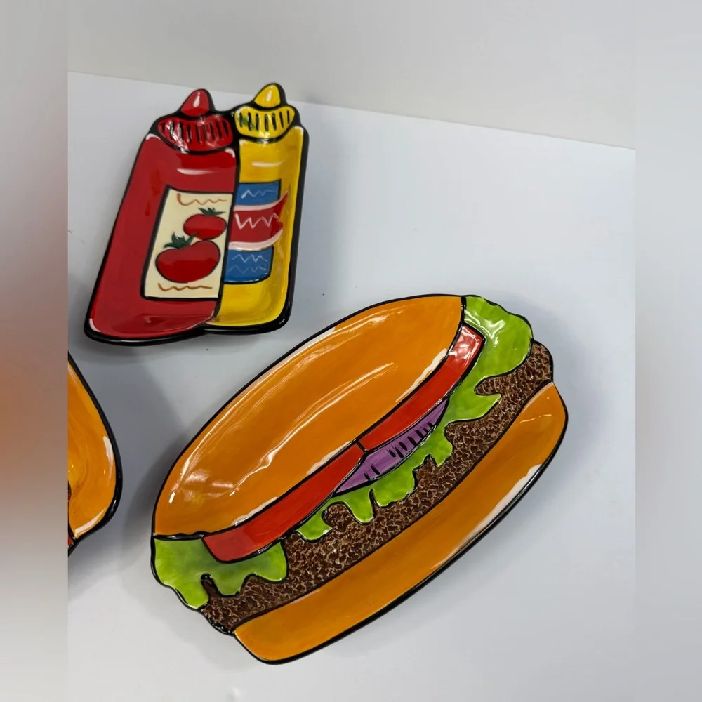 2007 Clay Art Grill Time Ceramic Hand Painted Colorful Hot Dog Condiment Plates